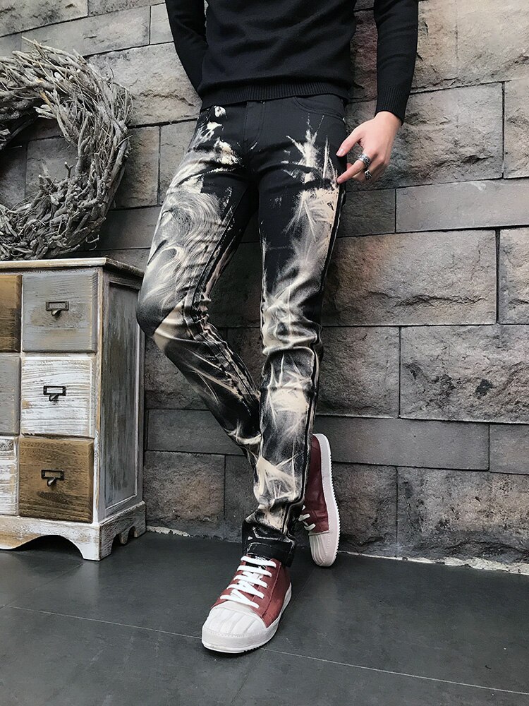 Menn tilfeldig jeans med ulveprint herre 3d mønster farget tegning malebukser slank tøye ut bomull dongeribukser