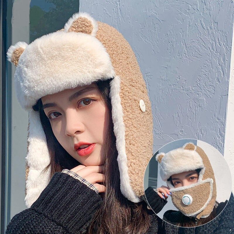 Winter Hat Women Woman Ear Cover Cap Fluffy Bucket Hat: B7Lamb wool