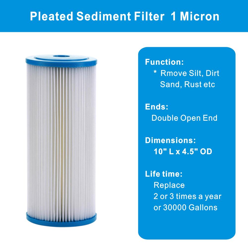 1 Micron Big Blue Sediment Pleated Water Filter 4.5" Dia. x 10" Long Whole House, Washable and Reusable