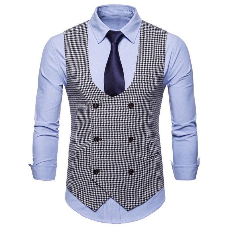 Dobbeltradet herrevest ternet bomuld forretningsformelle veste jakkesæt plus størrelse 3 plaid farver vest blazer: Sort og hvid / Xxxl