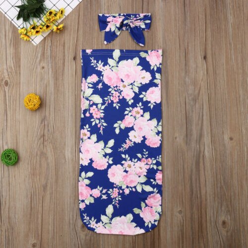 Miękka bawełna noworodka otrzymaniu koc kwiatowy dla niemowląt bawełna przewijać dziecko koc zawinąć śpiwór 2 szt 0-6 M: Niebieski