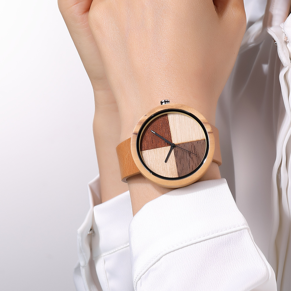 Wooden Quartz Movement Watch Men Lady Symmetrical Color Blocking Dial Wooden Strap Trend Couple Watch 2022 W367