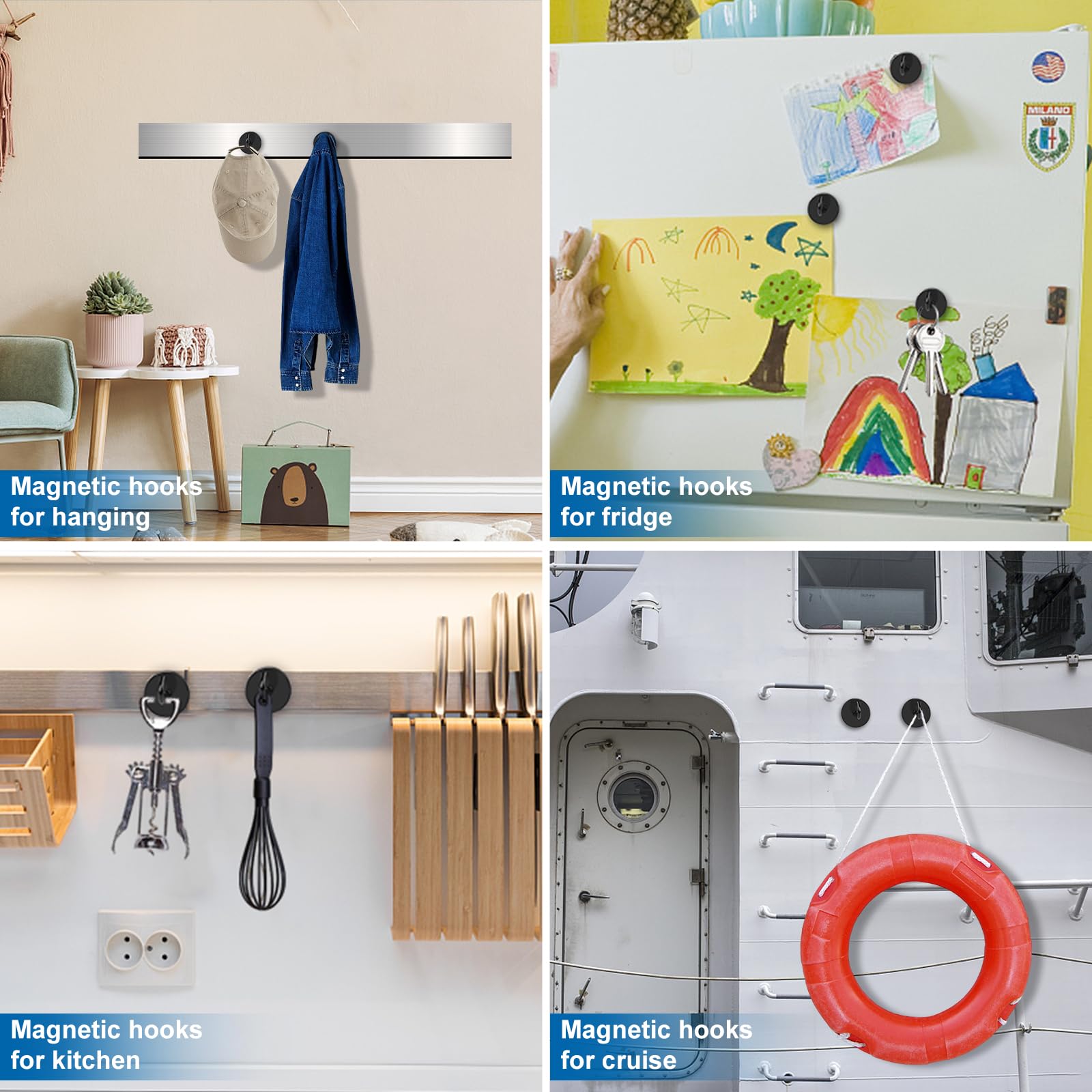 Magnetic Hooks, Black Magnet Hooks Strong Neodymium Magnets with Hooks, Small Metal Magnetic Hooks for Refrigerator，Locker