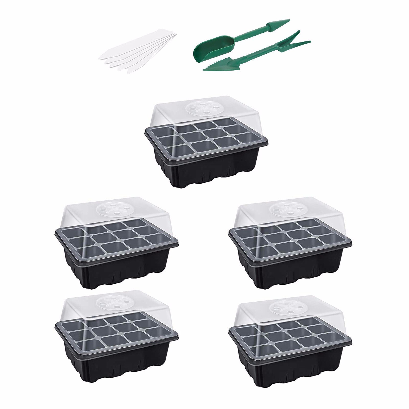 5-Pack Seed Starter Trays Seedling Tray (12 Cells per Tray) Humidity Adjustable Tray Grow Box Seedling Starter Germination Kit G