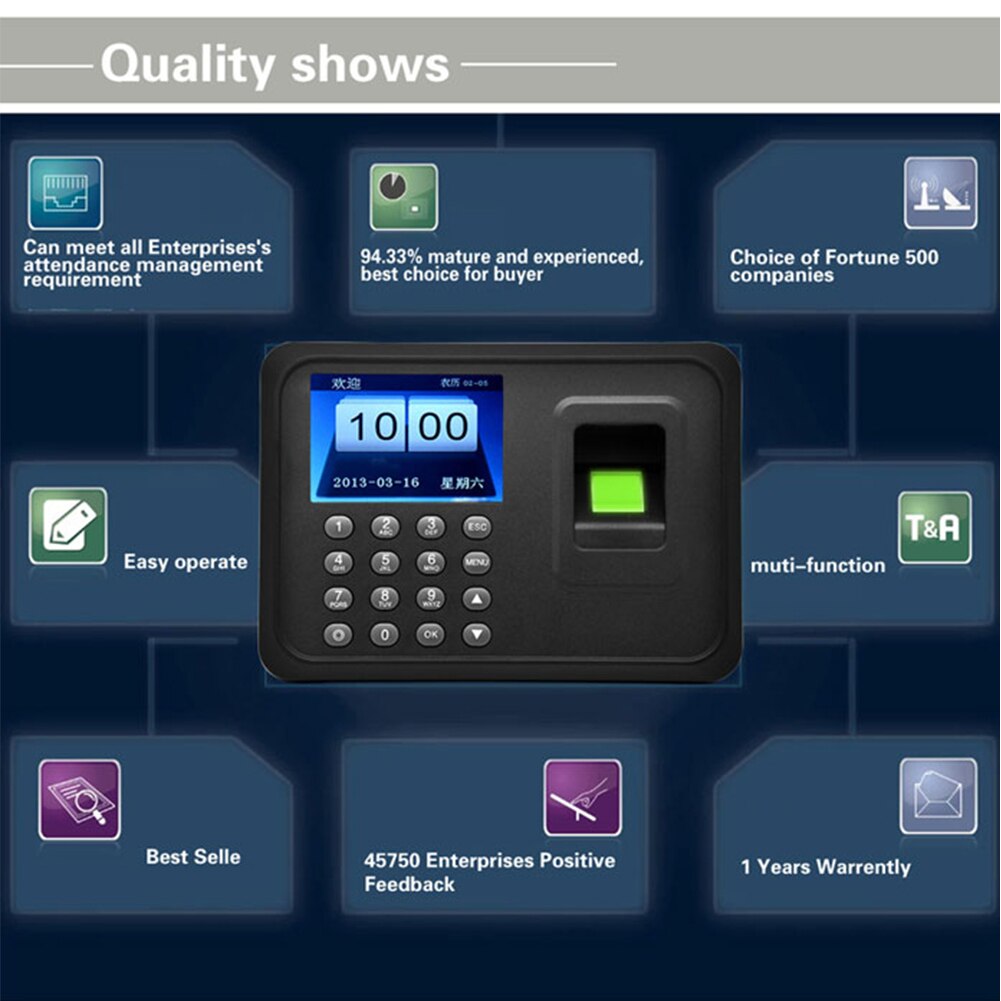 Home Office US Plug Fingerprint LCD Display Electronic Employee Control Security Password Recording Attendance Machine