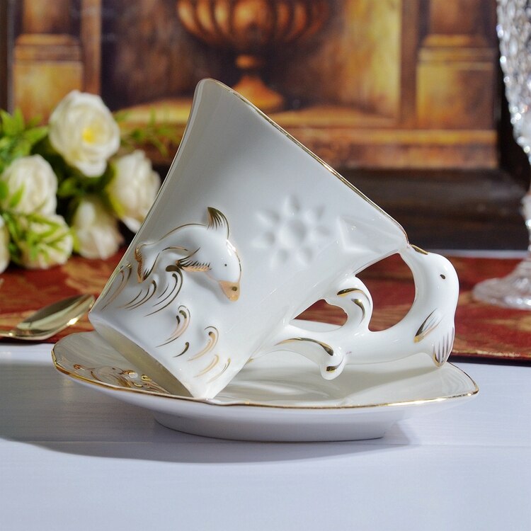 BN01016 European style embossed coffee cup set 200ml 3D dolphin relief coffee cup and saucer Minimal coffee cup ceramic tea set