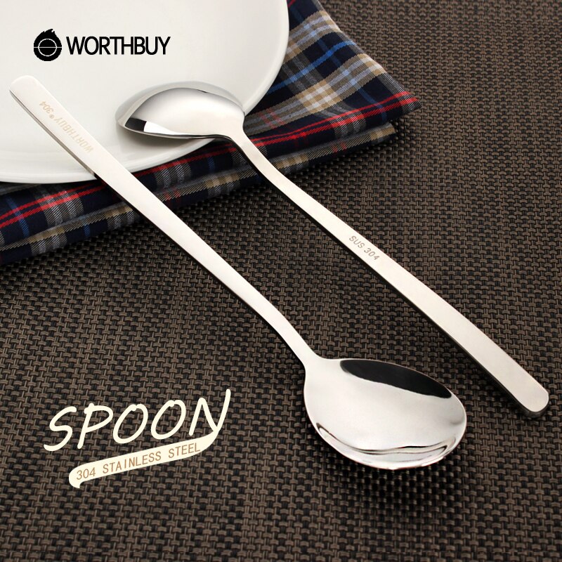 WORTHBUY 2 Pcs/Set Korean Dinner Spoon 304 Stainless Steel Long Handle Soup Table Spoon Restaurant Kitchen Serving Spoon Set