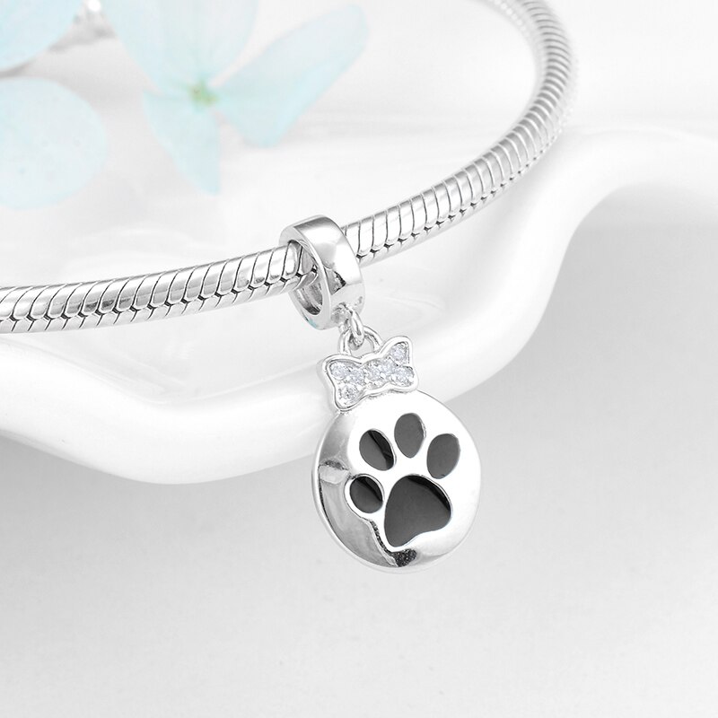 Neue 925 Sterling Silber Bogen CZ schöNe katze Pfote drucken schwimm Reize für Schmuck Machen passen Original Kataoka Charme Armbinde