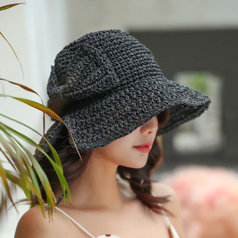 Zonnehoed Vrouwelijke Zomer Zonnehoed Grote Rand Strooien Hoed Dames Outdoor Bescherming Zonnehoed Bassin Hoed Boog Hoed Visser zomer En Herfst: Black