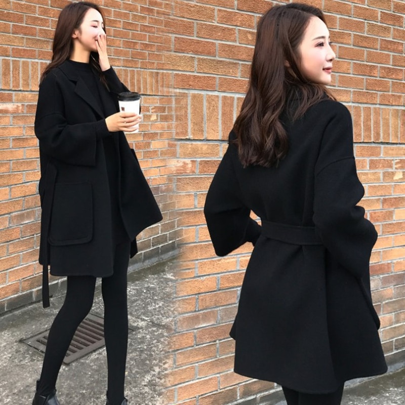 Efterår sort d-side cashmere frakke kvinder kort uldfrakke vinter dame outwear afslappet uldfrakke