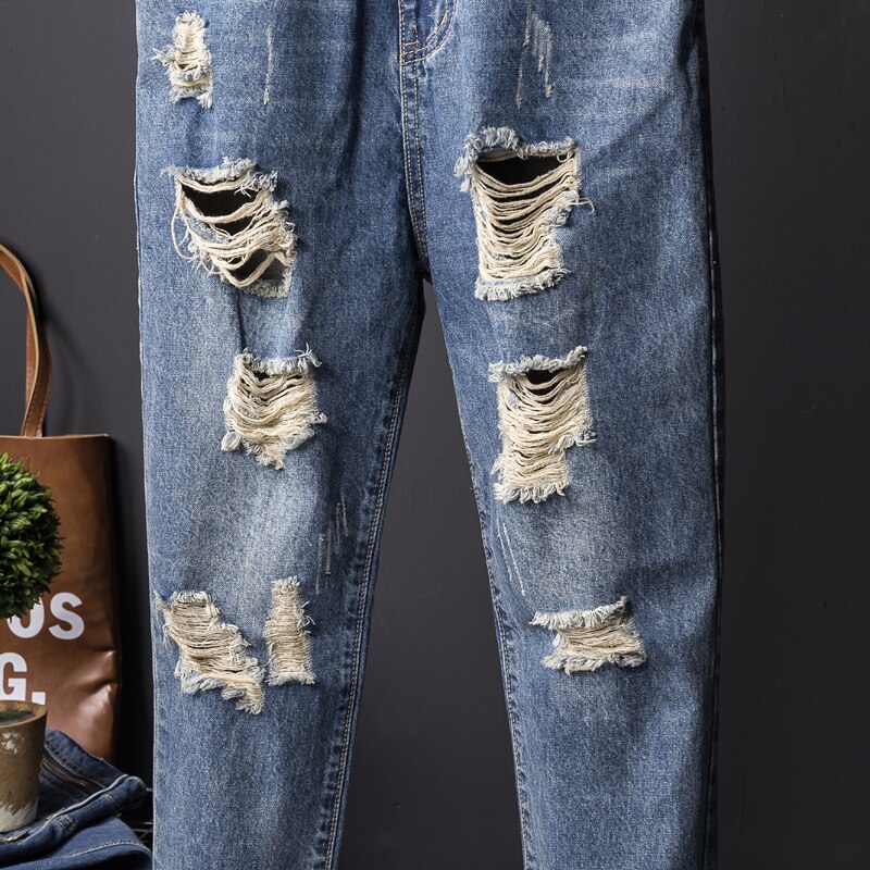 Heren Blauw Denim Bib Overalls Enkel Broek Slanke Casual Mode Pocket Jumpsuits Ripped Jeans Voor Man Plus Size s-3XL 4XL 5XL