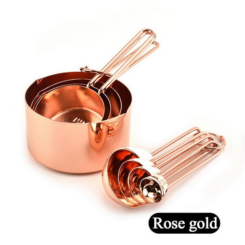 8Pcs Stainless Steel Measuring Spoons and Cups Stackable Set Stackable Measuring Set Liquid Dry Food Measurement Cup: Rose Gold