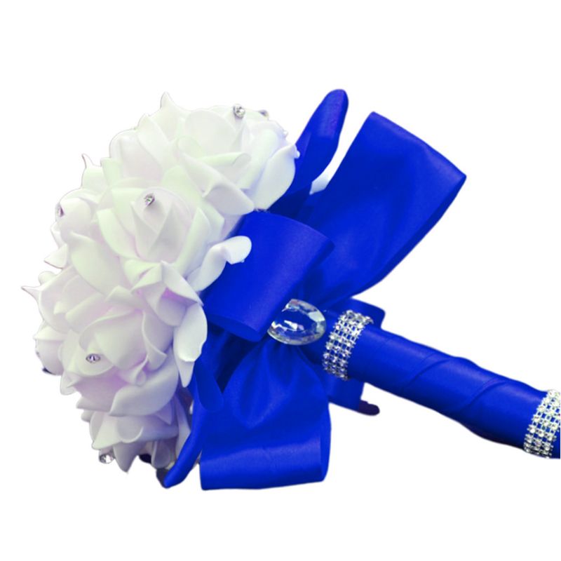 Korean Style Wedding Bridal Bouquet Artificial Flower PE Foam Roses With Faux Crystal Rhinestone Ribbons for Party Church Decor: Royal Blue