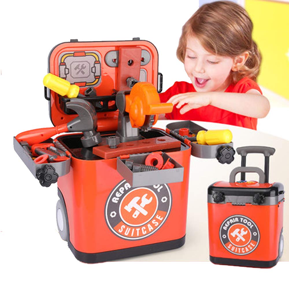 Barn foregiver værktøjskasse med trækstang opbevaringspose , 23 stk foregiver rollespil teknik konstruktion tilbehør værktøj legetøjssæt