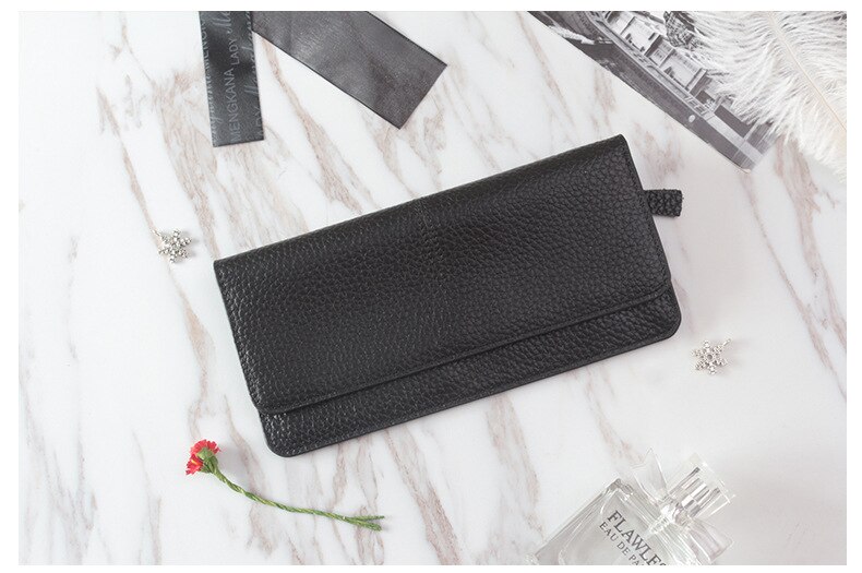 Ladies simple flat card holder wallet Genuine Cow Leather long wallet for women Simple classic couple Leather Wallet: Black Long