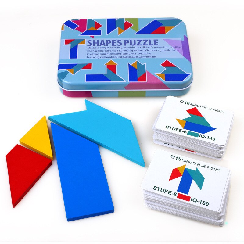 4-9 stk træ farverige tangram puslespil legetøjskort i jernkasse træningspuslespil kognitive børn tidlig uddannelse puslespil legetøj