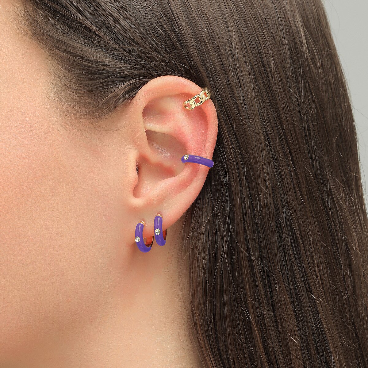 4 pçs nova cor esmalte minúsculos brincos de argola para mulher cz orelha piercing huggie com corrente dourada ouvido manguito conjunto moda jóias presente