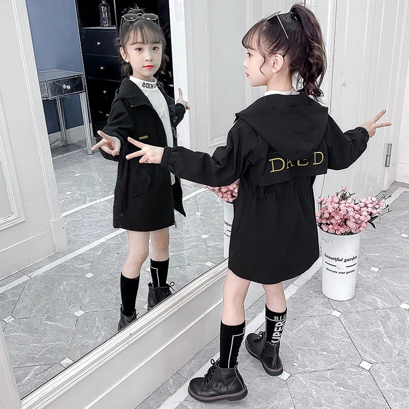 Teens Black Fall Hooded Windbreaker Spring Autumn Clothing Embroidery Letter Jackets for girls Children's Mid-length Trench Coat