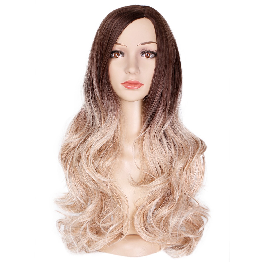 Perruque synthétique ondulée ombrée 24 pouces | Perruque noire Blonde, perruque naturelle ondulée et longue, perruque avec raie au milieu pour femmes