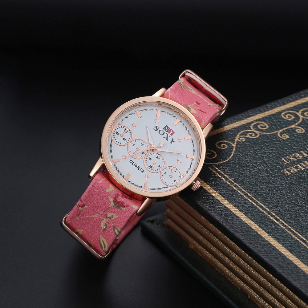 Kobiety luksusowej marki zegarek SOXY moda złoty zegarek kobiety ubierają pasek ze skóry zegarek kwarcowy panie godzin zegar panie prezent Relogio Feminino