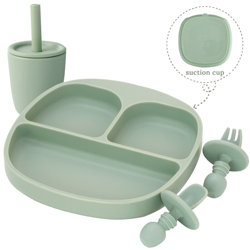 BPA Free Children's Tableware Baby Feeding Solid Food Dinner Set Plates Training Bowl Feeding Dishes Spoon Fork Straw Cup: 007-sage