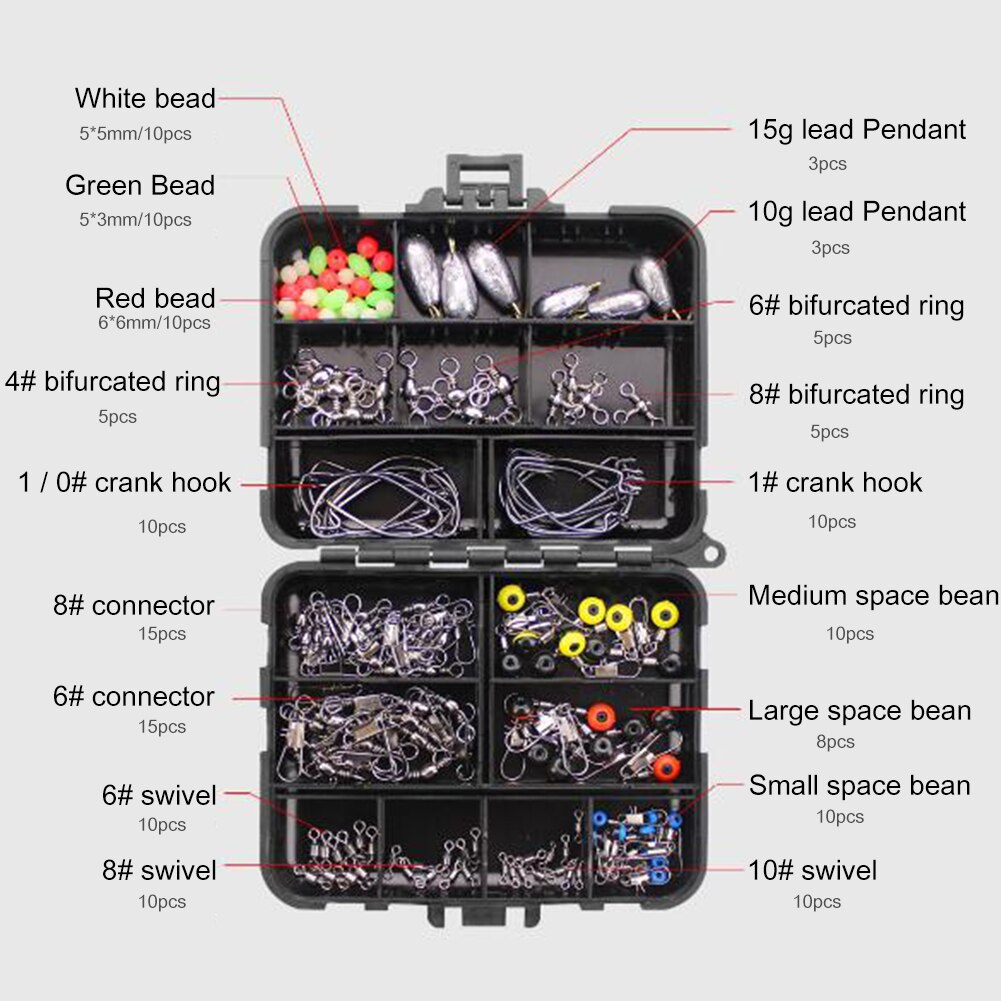 160pcs/set Fishing Tackles Set Jig Hooks Beads Sinkers Weight Swivels Snaps Sliders Kit Angling Fish Tackle Accessory with Box