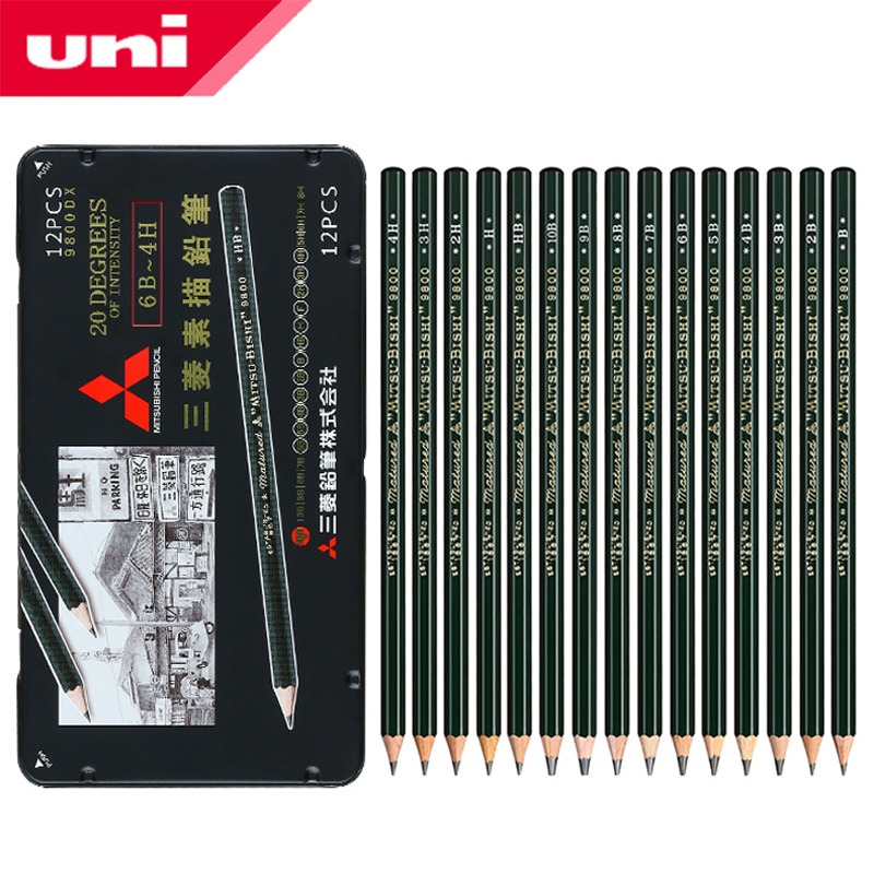 UNI lápiz de dibujo 9800 12 / 22 Uds caja de hierro Set examen dibujo lápiz hexagonal titular seguro y no tóxico