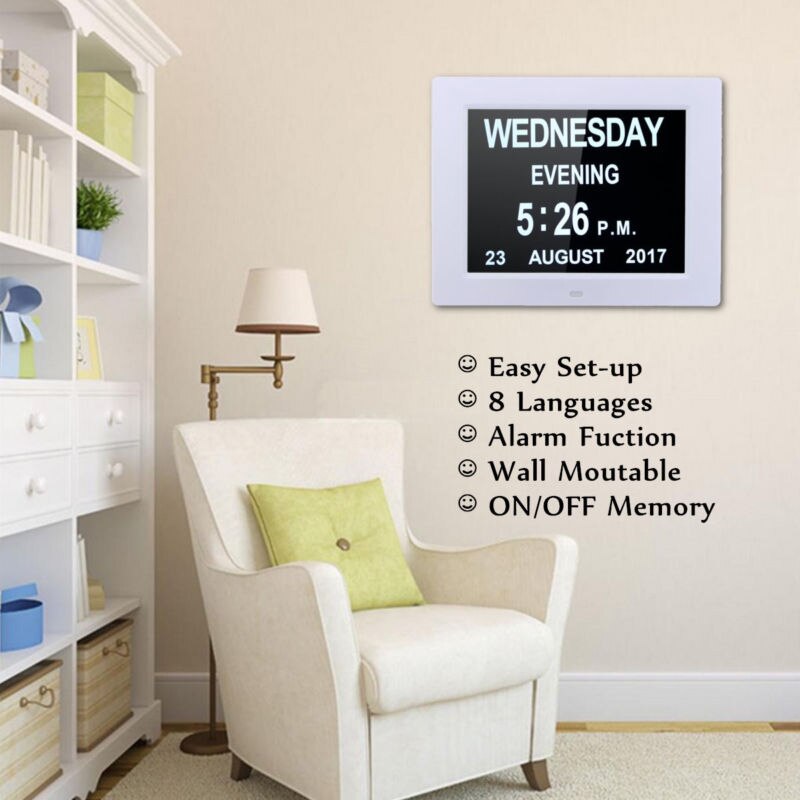 8 "digitalt vækkeur ekstra stort ikke-forkortet dagur dato klokkeslæt display ure demens digital vægkalender