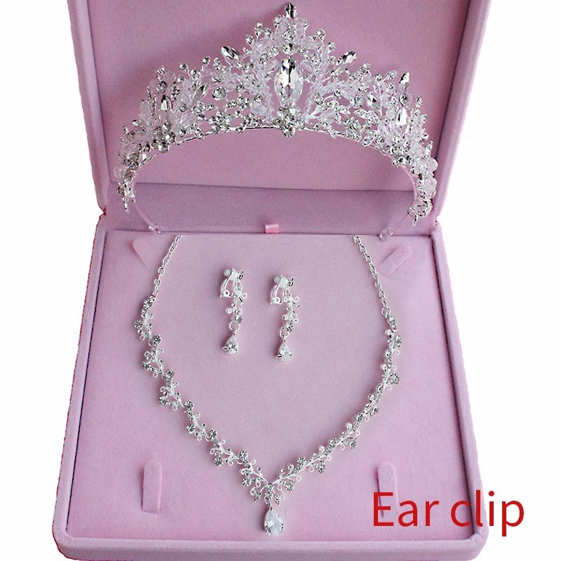 Mode Zirkoon Strass Hoofddeksels Kroon Ketting Oorbellen Set Bruids Sieraden Bruiloft Haar Accessoires Sieraden Set Dames: Ear clip set