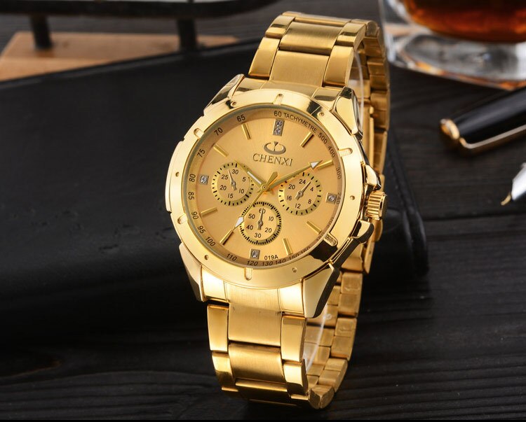 Chenxi Luxe Goud Heren Horloges Luxe Quartz Rvs Heren Horloges Luxe Mannen Horloges Relogio Masculino Horloge Mannen: Men Golden Dial