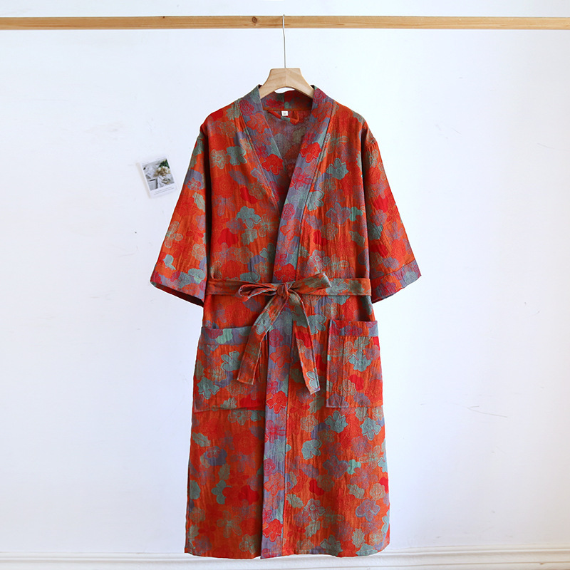 Paar Stijl Puur Katoenen Badjas Retro Mannen En Vrouwen Lente En Zomer Dunne Pyjama Absorberende Badjassen: XL / Bruin