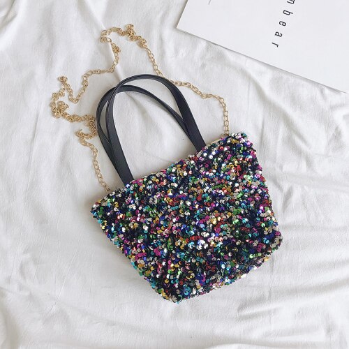Paillettes sac d'aisselles été en cuir PU sacs à main dame Totes sac à bandoulière voyage chaîne Bling sac à bandoulière: Small Black