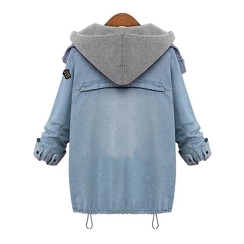 Frauen Mit Kapuze Denim Jacke Mantel Weibliche Jean Jacken Kordelzug Trends Patch Tasche Langarm Taste Hoodie Windjacke Frühling