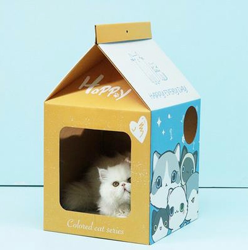 Boîte à lait en carton ondulé pour chat, jouet de lit pour chaton, mignon et tridimensionnel, fournitures pour animaux de compagnie