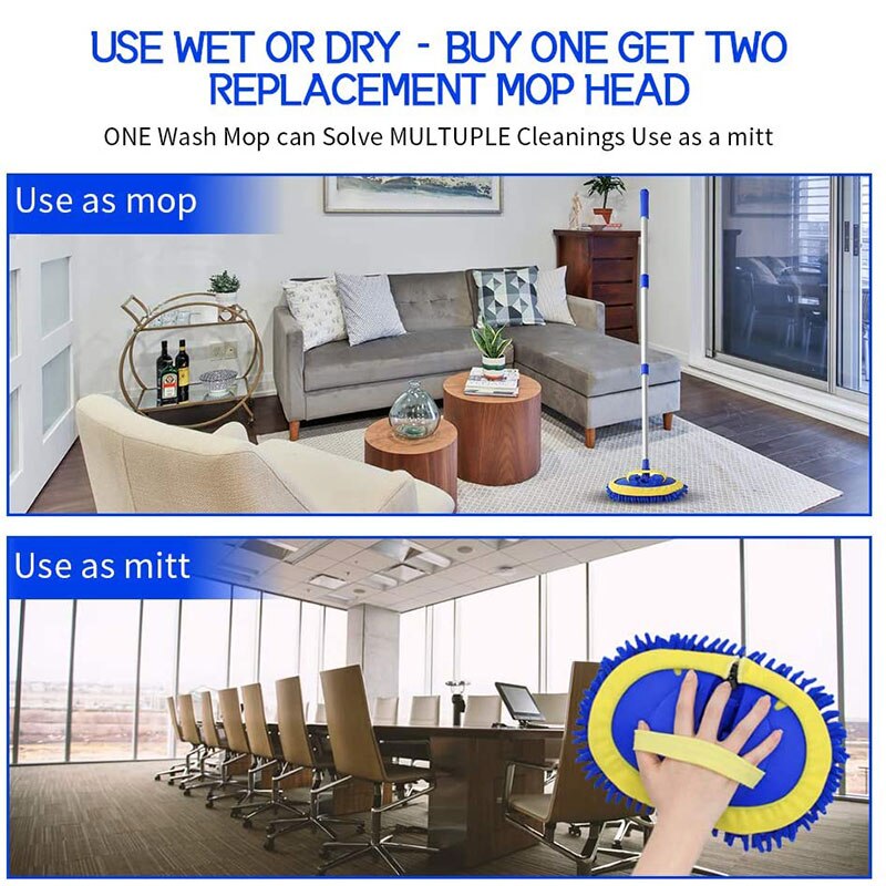 Upgrade 2 in 1 Three section Telescoping Long Handle Car Wash Brush Mop Thick Chenille Microfiber Broom Cleaning Tool