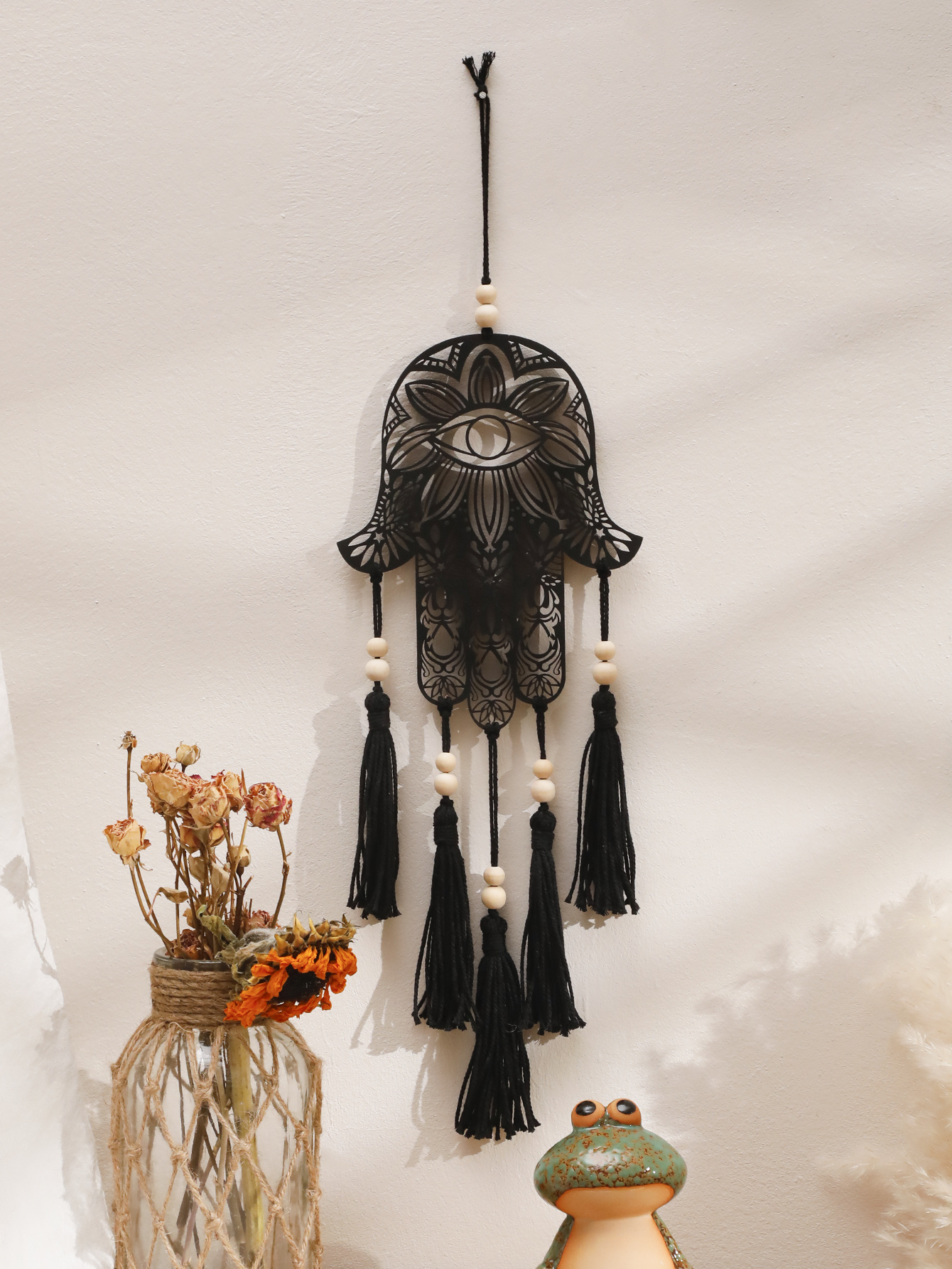 Houten wanddecoratie muurhangende Hamsa Hand Evil Eye Home Decor Macrame hangende decor Boho Home Decoration Macrame Room Ornament: Default Title