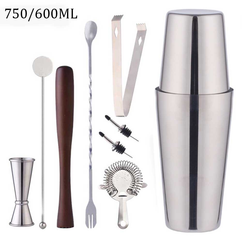 Bar Shaker Cocktail Zubehör Barware Boston Trinken Für Bartender Set Jigger Werkzeuge Edelstahl Mixer 550/750ML Holz rack: Boston B 9 Pcs