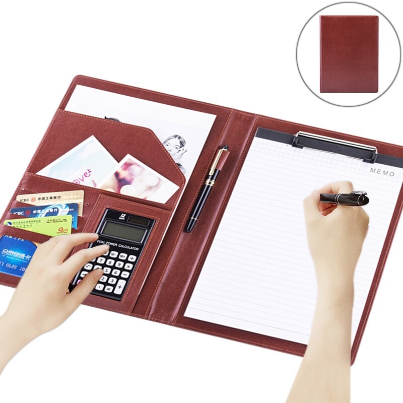 Office Supplies Business Style Leather Document Folder with 30-pages A4 Note Pad &amp; Calculator: Auburn