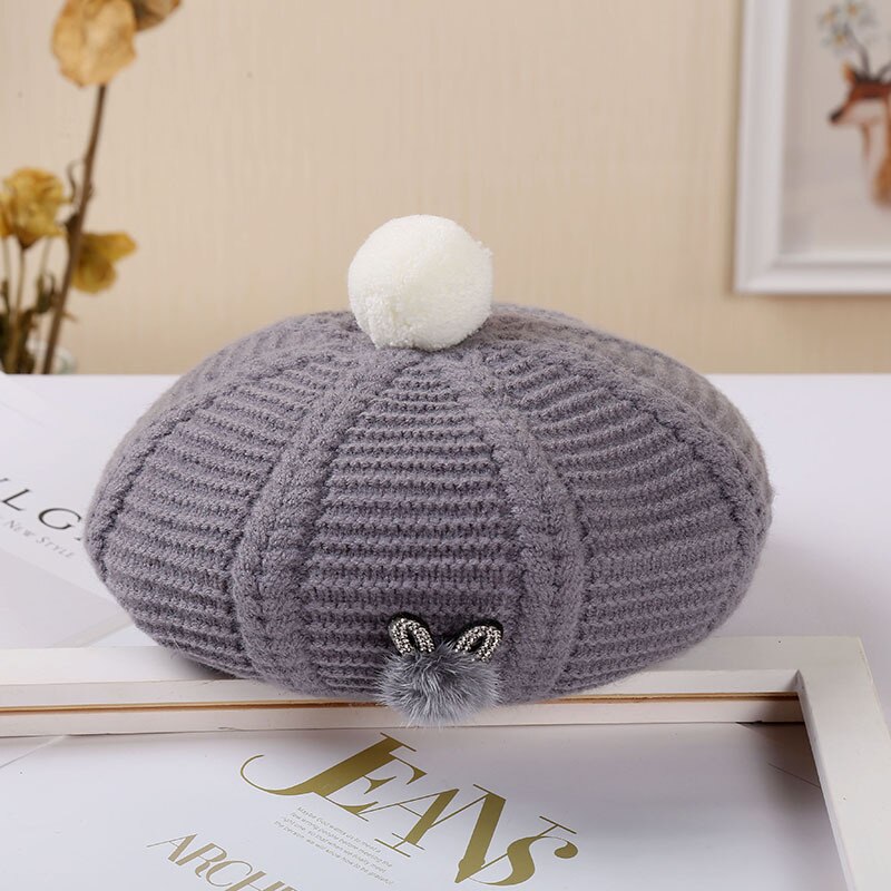 Dames hoeden en petten baret hoed muts dames herfst winter warme muts muts femme bontbal konijn wollen gebreide muts: Grijs