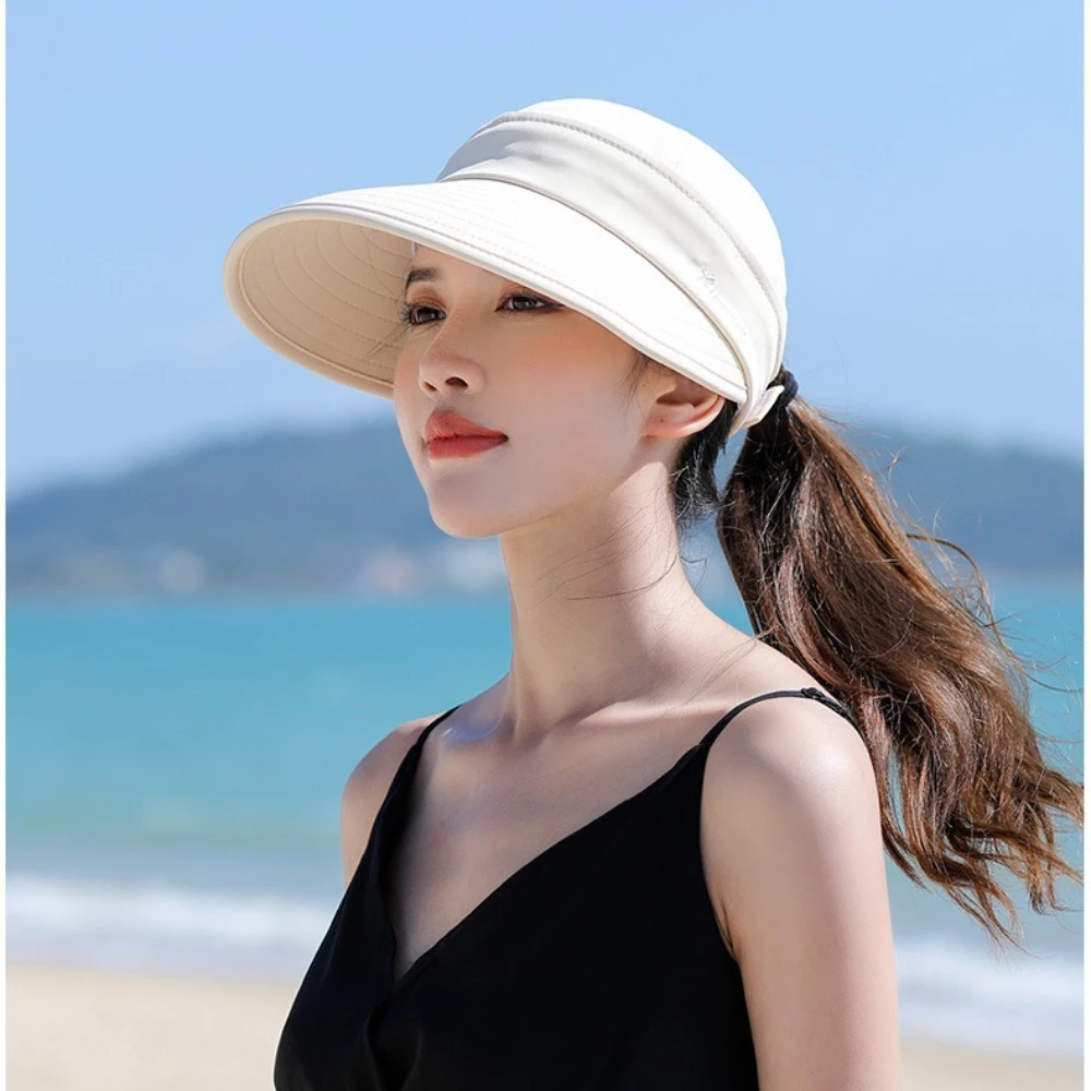 Sombrero de sol de ala ancha para mujer, gorro de cola de caballo desmontable, tapa vacía, protección UV para pesca en la playa al aire libre, Color sólido, 1 ud.