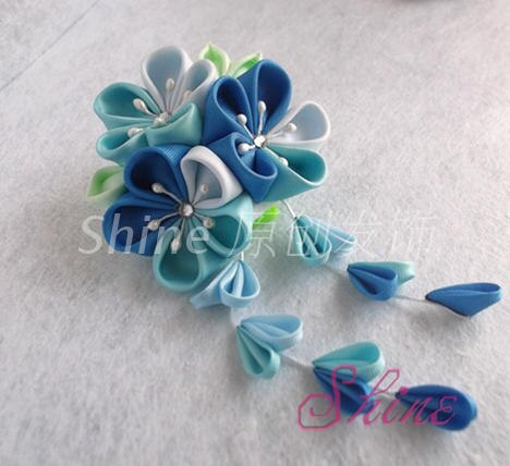 Japanischen Sakura Tsumami zaiku kanzashi Haarnadel Zubehör Rosa verrotten Gelb für Kimono Yukata Geisha Haar Clip Handgemachte Kopfschmuck: Blau