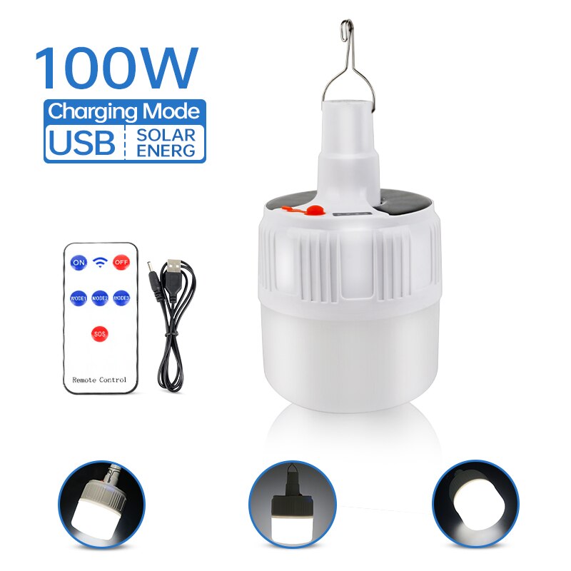 100w Ampoule LED Rechargeable LAMPE Télécommande Charge Solaire Lanterne De Secours Portable Marché de Nuit Lumière de Camping En Plein Air Maison: 100W Remote Control