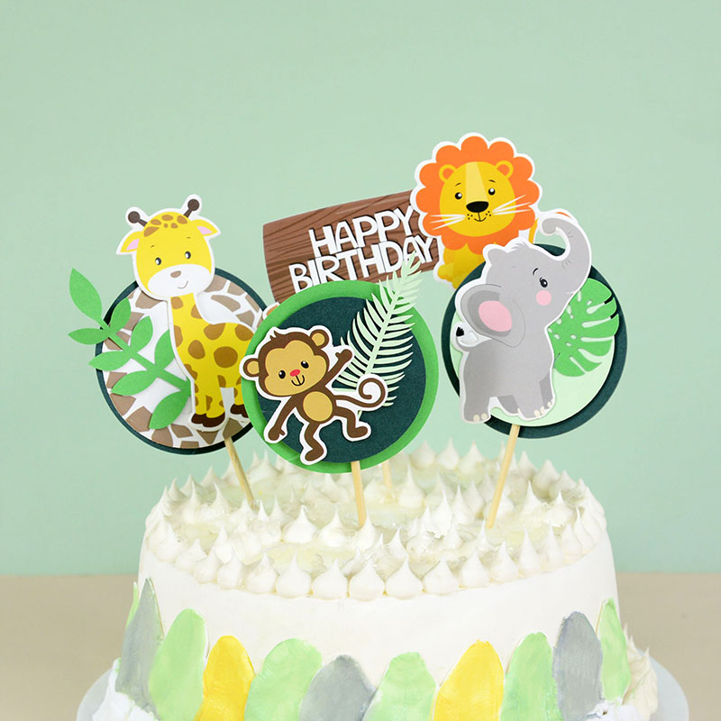 Wilde Jungle Party Cake Topper Cartoon Dier Cake Vlag Jungle Safari Verjaardag Cake Decor Baby Shower Kinderen Bos Partij Decor: L04