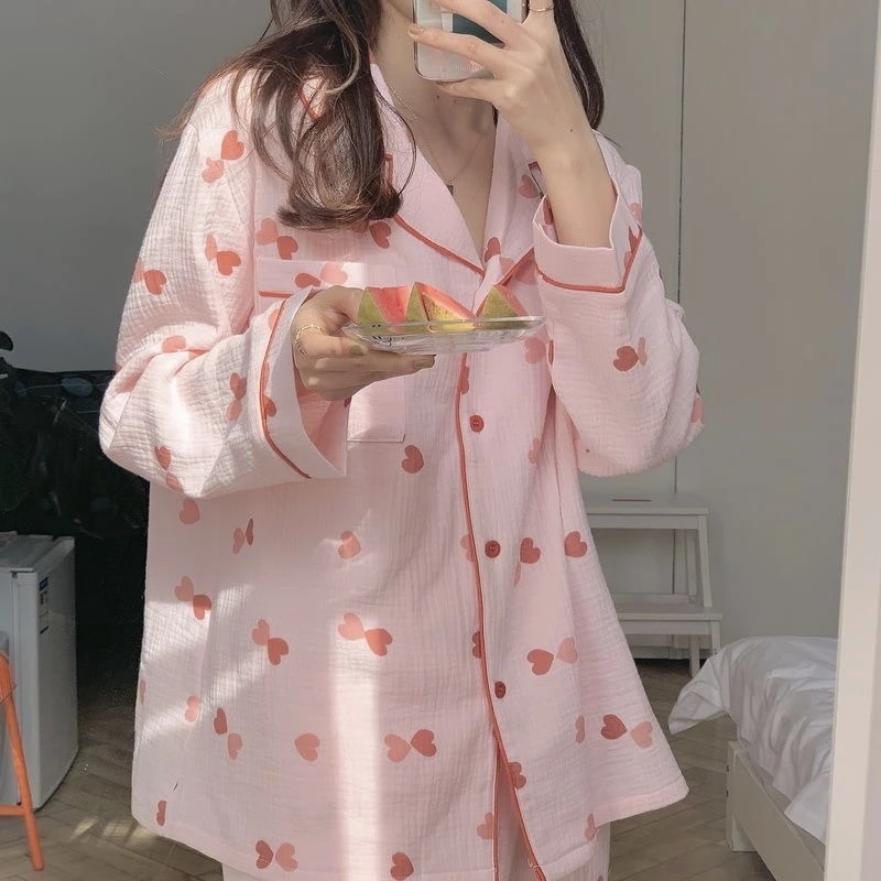 Qweek nattøj dame& #39 ;s bomuld rødt hjerte print pyjamas langærmet efterårspyjamas kvinde sæt koreansk pyjamas negligee cardigan pjs