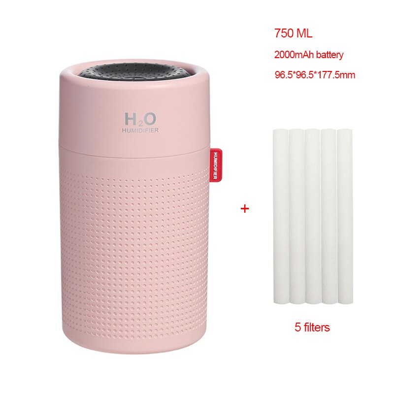 750ML Wireless Air Humidifier Diffuser Protable USB Rechargeable Mini Electric Cool Mist Humidifier With LED Night Light: 750ML P 5filters