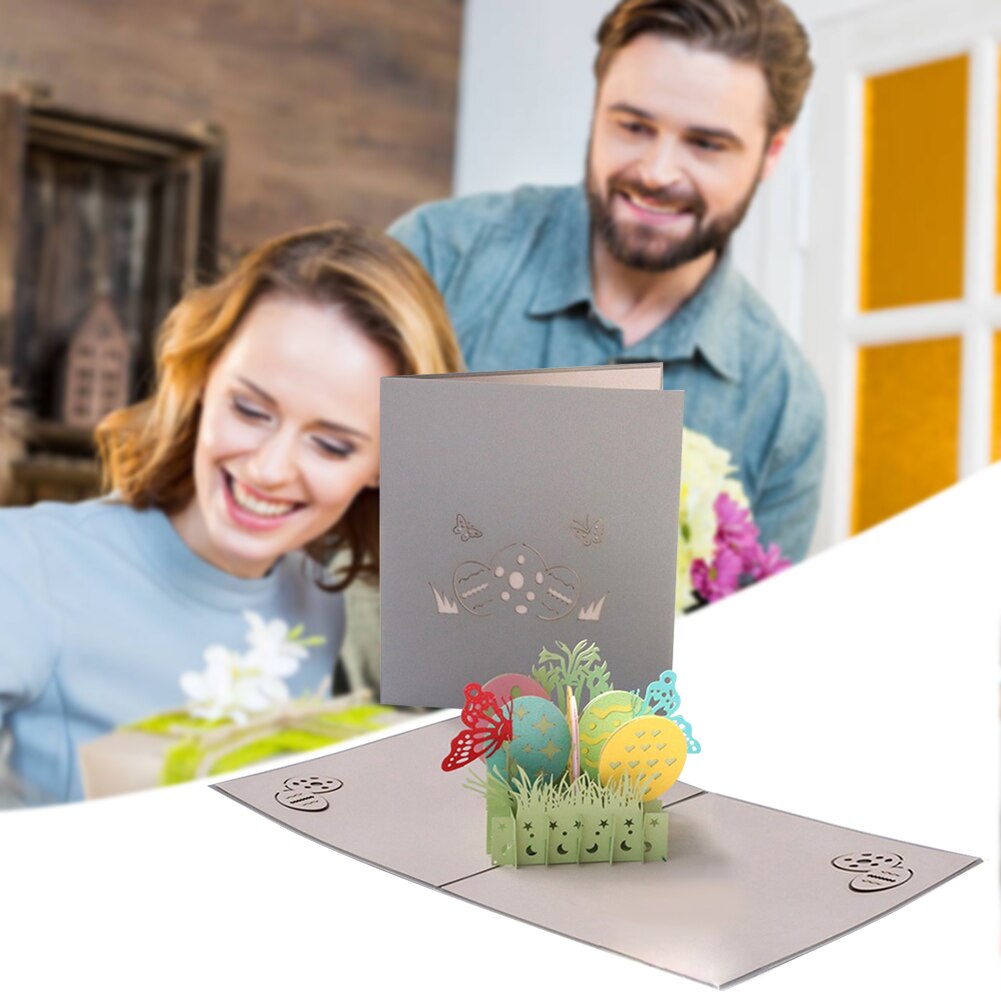 3D Pop-UP Easter Greeting Cards Butterfly Eggs Postcard Handmade Cutting Vintage Invite Cards with Envelope