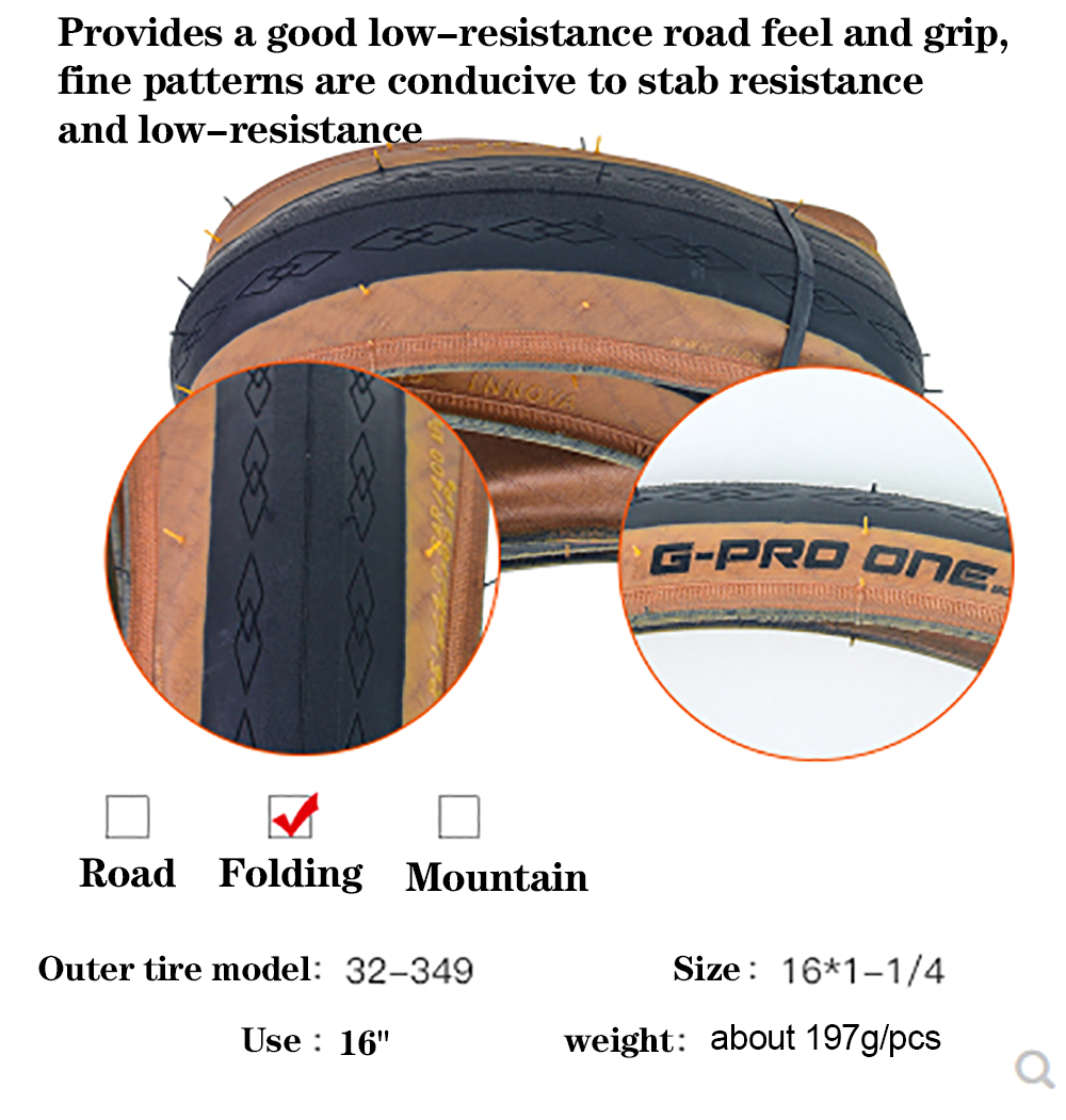 INNOVA 349 small cloth folding bike tire retro yellow edge tire 16*1.25 folding version tire about 197g/pcs