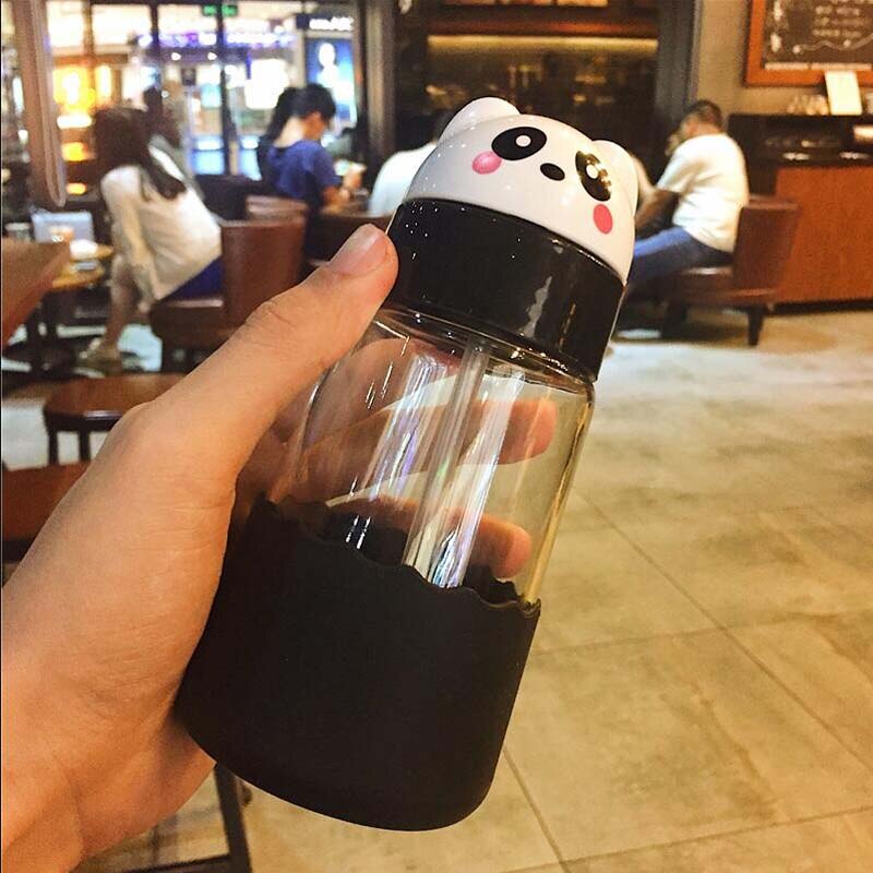 320ml nappflaska nappflaska glas med bred hals stora naturligt djurformade spenar med silikonhalm &amp; rem: Svart panda