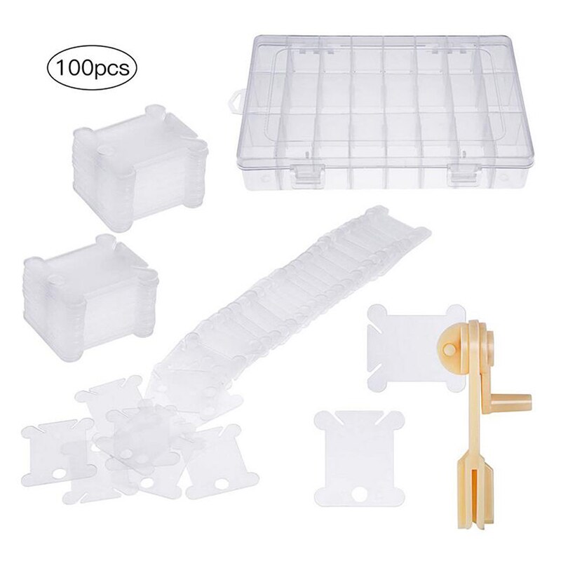 Bobinas de hilo de plástico con bobinadora y caja organizadora de bordado, juego de almacenamiento de costura artesanal, punto de cruz, 100 piezas