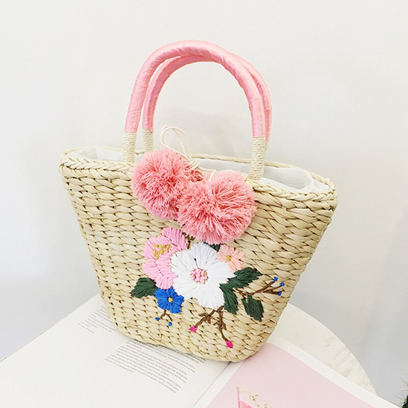 Sommar liten väska semester handbroderad mini handgjord stråväska crossbody semesterväska: Medelrosa